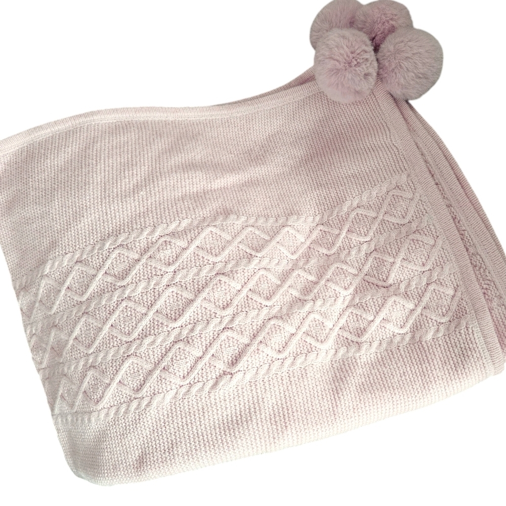 Monique Lhuillier Pottery Barn Kids Cable Knit Pom-Pom Baby Blanket pale pink
